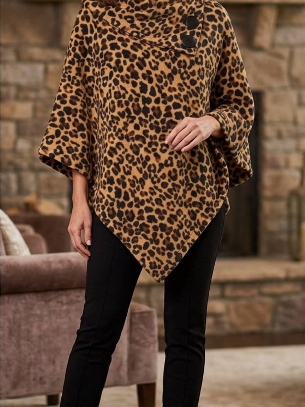 LeModa Leopard Print Poncho with Button Detail
Style # 24-LM- 90
